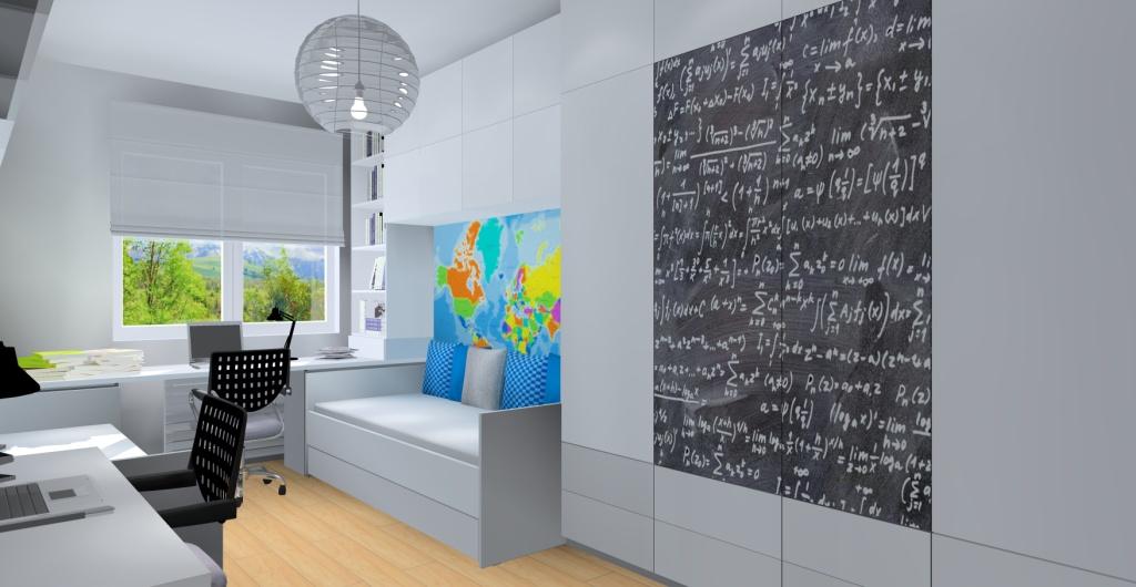 Duży pokój dla rodzeństwa, dwa białe łóżka, biała szafa, dwa białe biurka